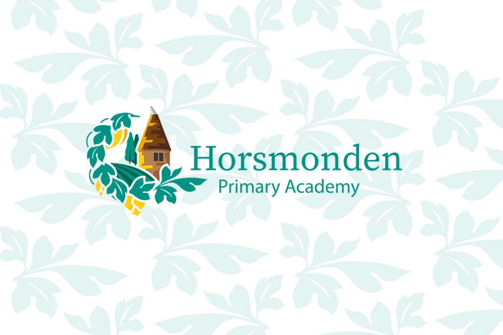 Horsmonden Primary Academy logo against a graphic background of tree foliage.