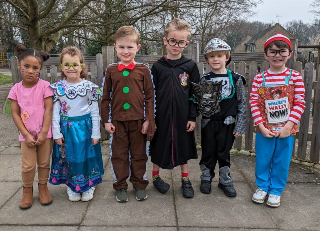 Six students are pictured dressed up as well-known characters from books for World Book Day 2024.